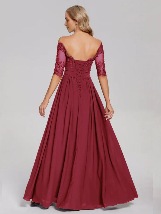 Cinnamon_Rose Off - Shoulder Lace Chiffon Prom Dress with Side Slit with Slit  for sale hot sale