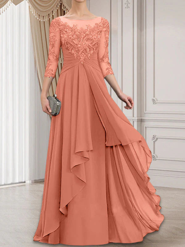 A-line Scoop Illusion Floor-Length Lace Chiffon Mother of the Bride Dress With Cascading Ruffles