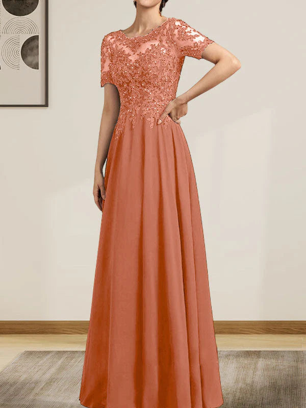 A-line Scoop Illusion Floor-Length Chiffon Lace Mother of the Bride Dress With Sequins Beading
