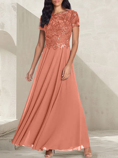 A-line short sleeved long bridal mother dress