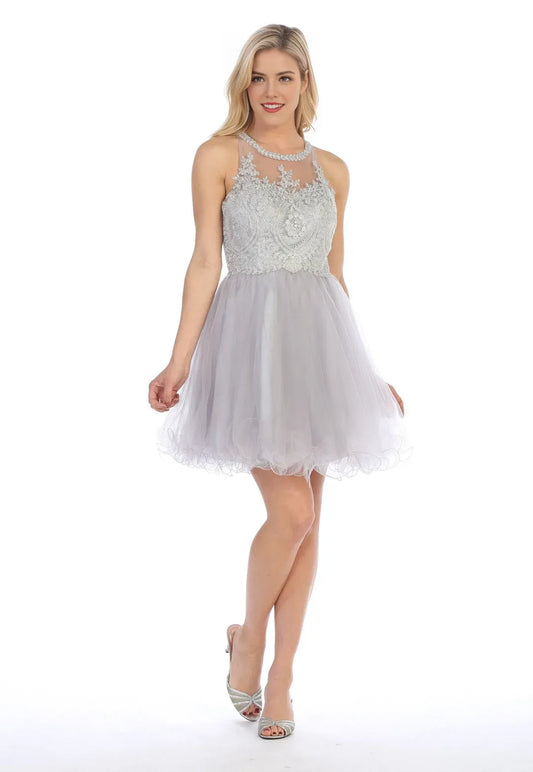 Classic A-Line Applique illusion scoop Sleeveless Lace Up Short flounce Homecoming Dress for bride hot sale