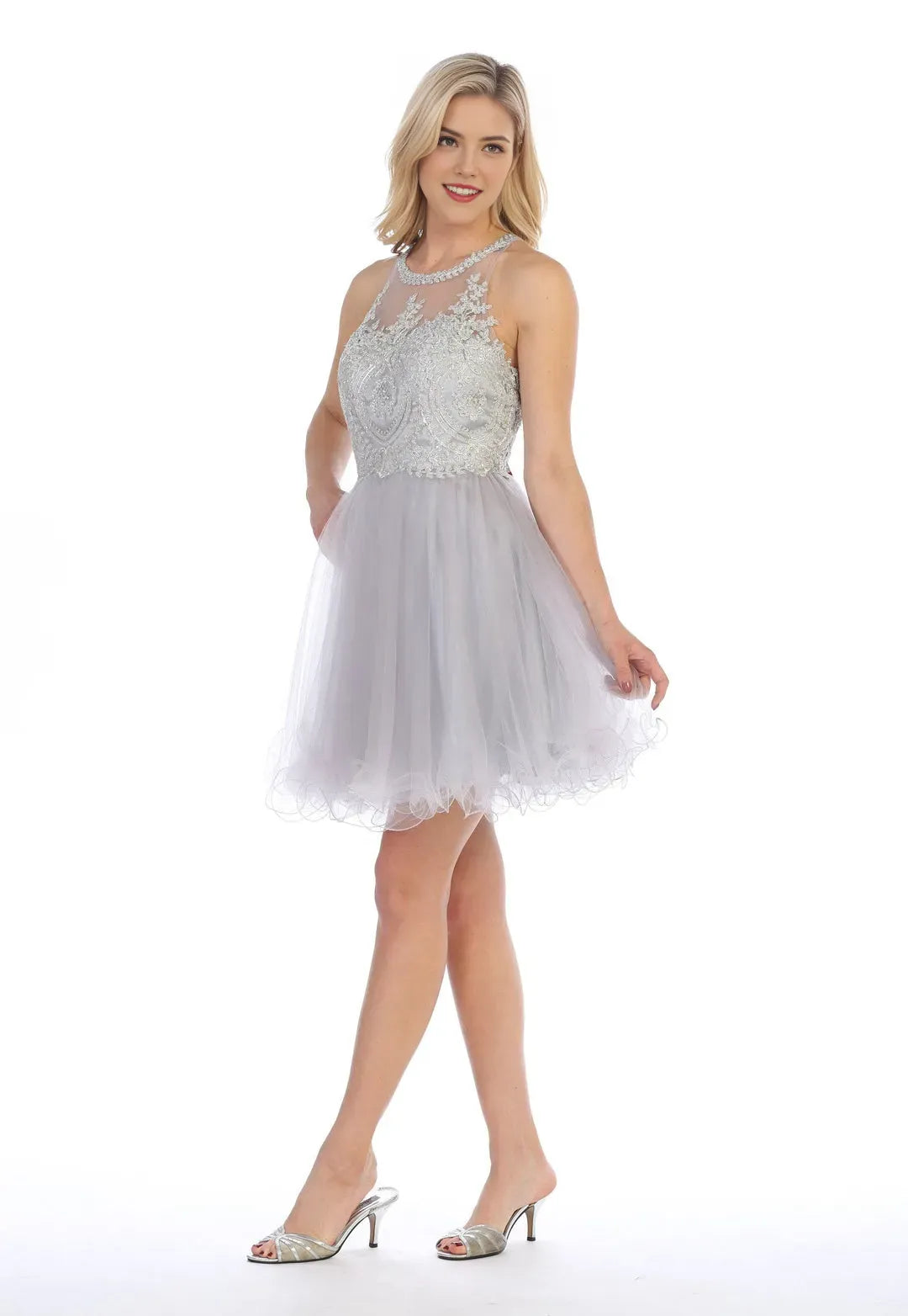 Classic A-Line Applique illusion scoop Sleeveless Lace Up Short flounce Homecoming Dress for bride hot sale