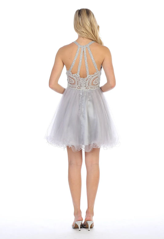 Classic A-Line Applique illusion scoop Sleeveless Lace Up Short flounce Homecoming Dress for bride hot sale
