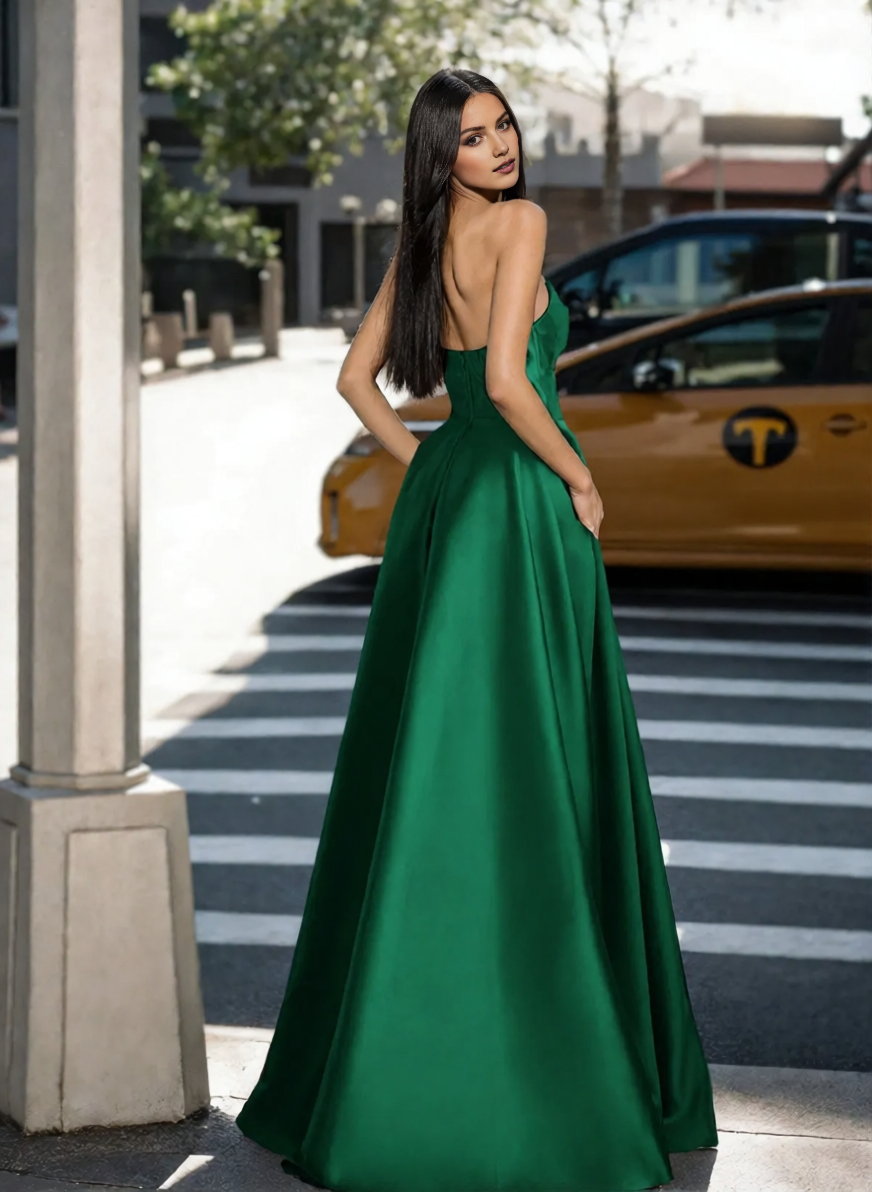 Classic A-Line Strapless Sleeveless Ruched Back Zip Floor-Length Satin Prom Dresses With High Slit