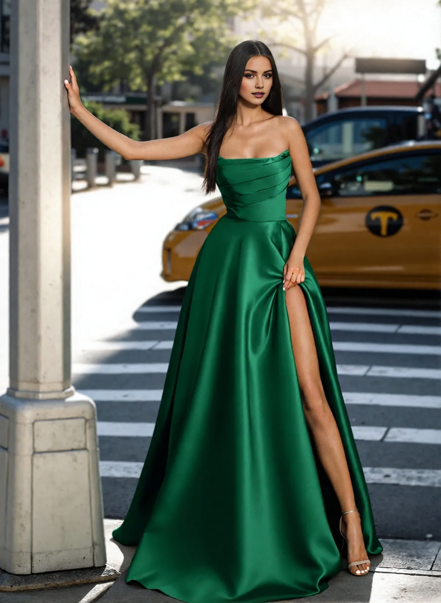 Classic A-Line Strapless Sleeveless Ruched Back Zip Floor-Length Satin Prom Dresses With High Slit