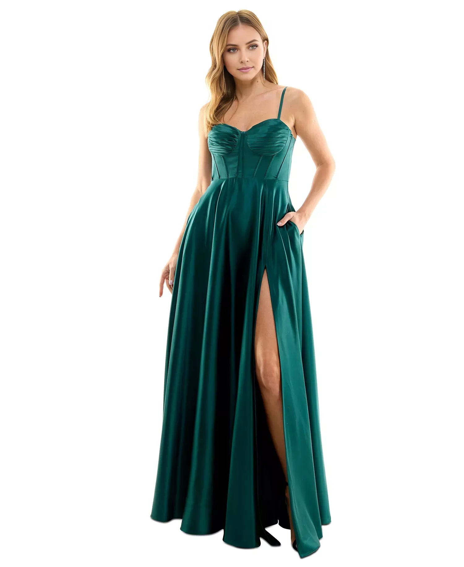 Classic A-Line Sweetheart Neckline Spaghetti Straps Back Zip Ruched Satin Slit Floor-Length Prom Dresses for sale