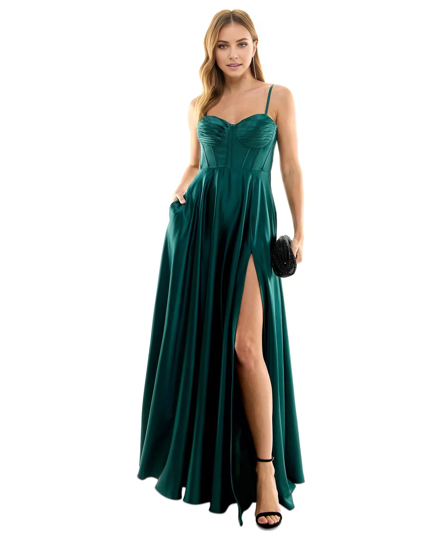 Classic A-Line Sweetheart Neckline Spaghetti Straps Back Zip Ruched Satin Slit Floor-Length Prom Dresses for sale