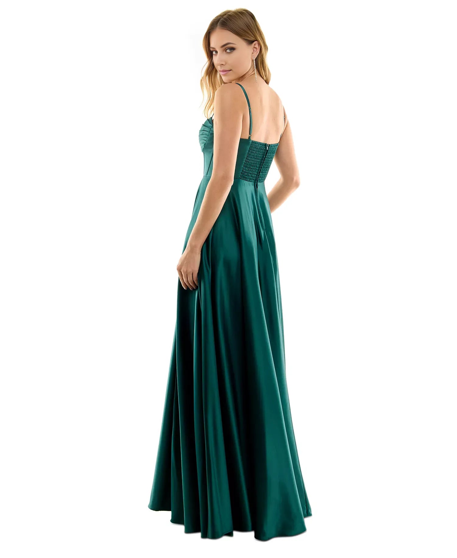 Classic A-Line Sweetheart Neckline Spaghetti Straps Back Zip Ruched Satin Slit Floor-Length Prom Dresses for sale