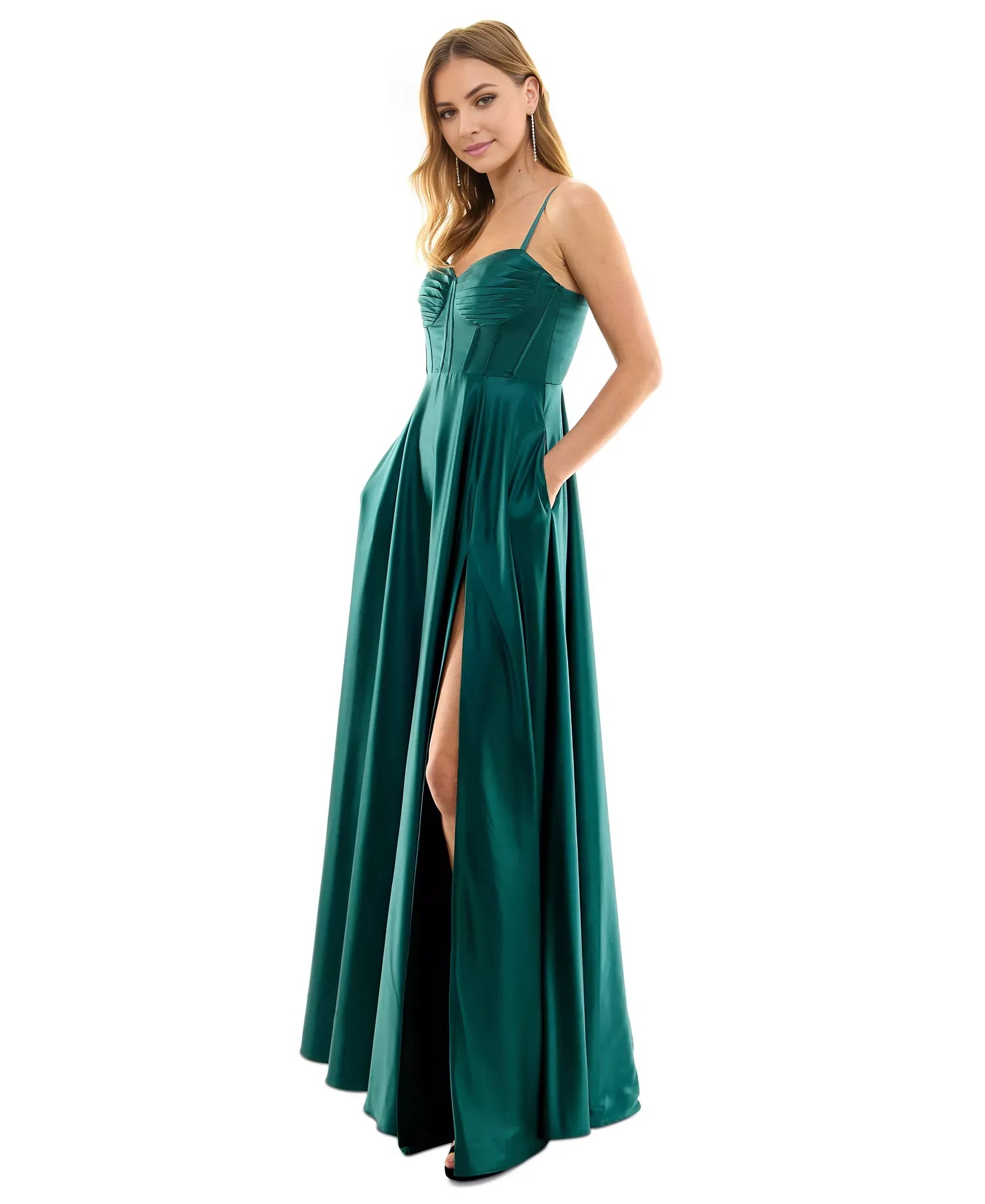 Classic A-Line Sweetheart Neckline Spaghetti Straps Back Zip Ruched Satin Slit Floor-Length Prom Dresses for sale