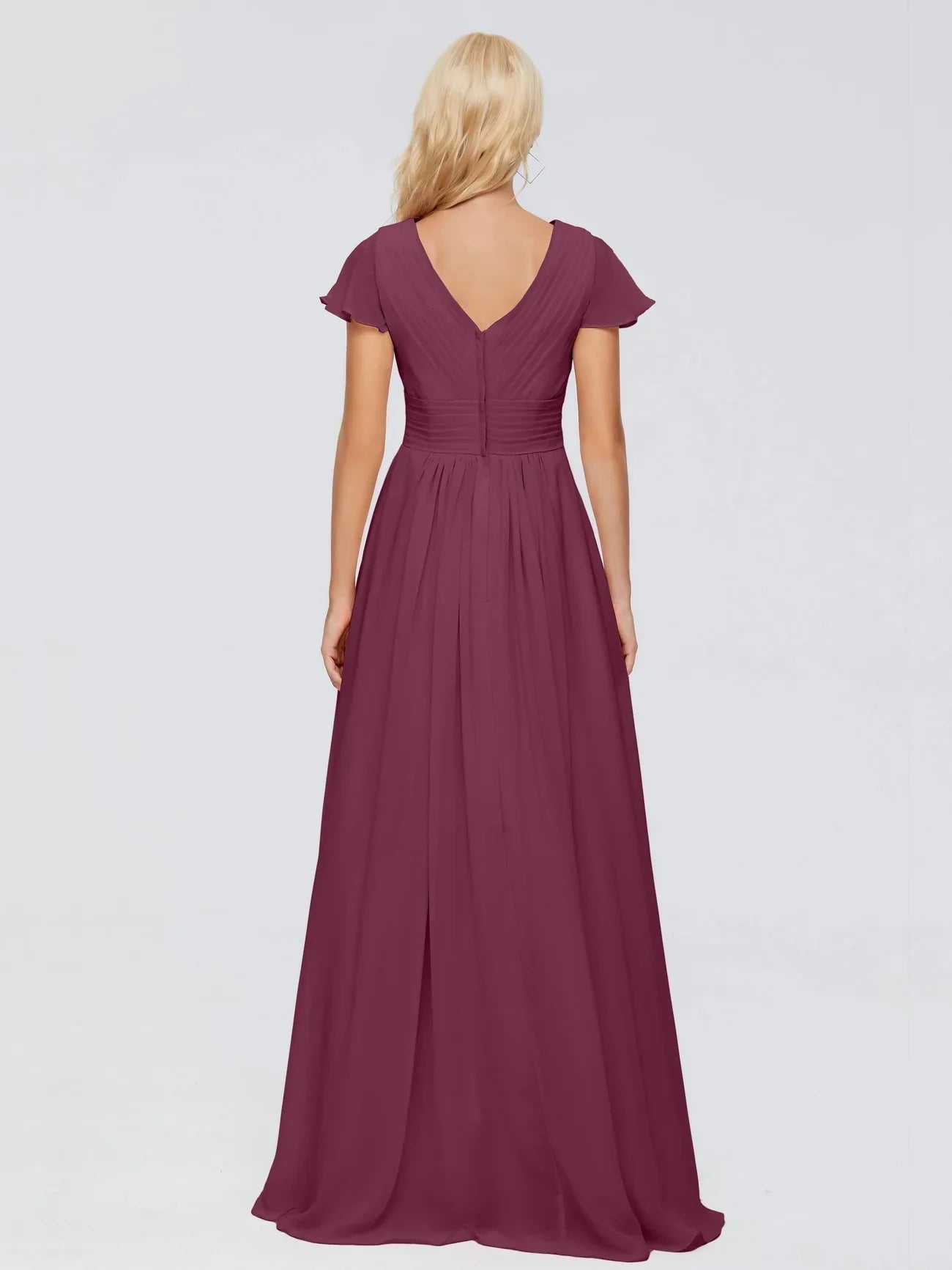 Classic A-line V-neck pleated slim fit short sleeved long bride and mother dress