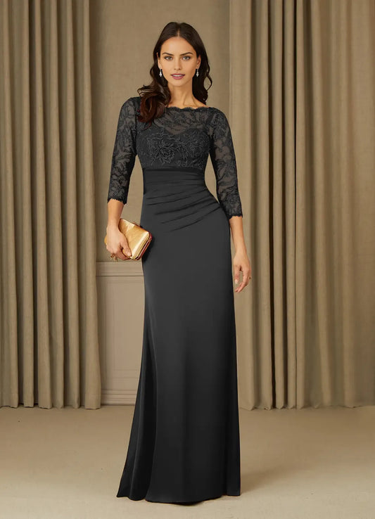 Classic Black Mermaid Lace Scoop Neck Three-Quarter Sleeve Scoop Back Zip Floor-Length Mother of the Bride Dress for sale for ladies