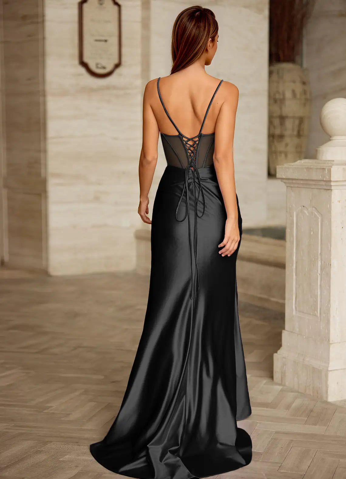 Classic Black Mermaid Spaghetti Strap Sleeveless Lace-Up Back Floor-Length Satin Prom Dress