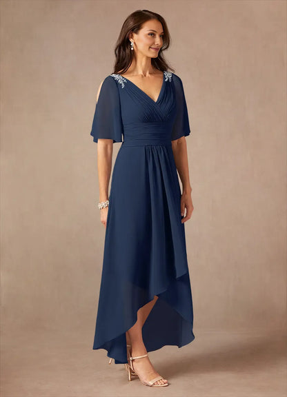 Classic Dark Navy A-Line V-Neck Flutter Sleeve Back Zip Asymmetrical  Mother of the Bride Dress for female guests hot sale