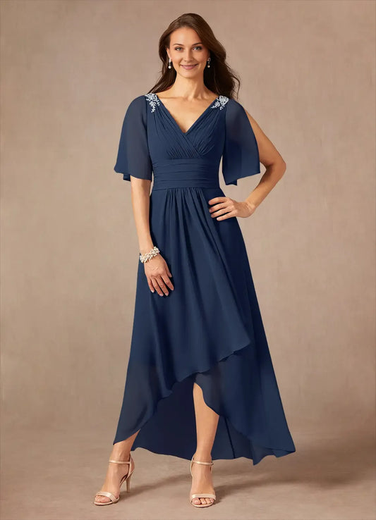 Classic Dark Navy A-Line V-Neck Flutter Sleeve Back Zip Asymmetrical  Mother of the Bride Dress for female guests hot sale