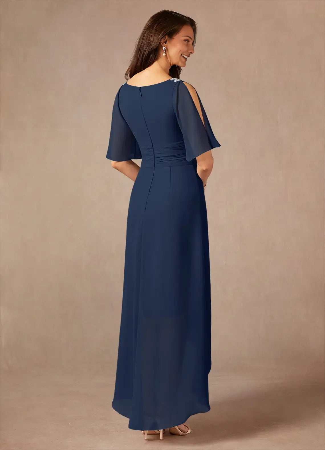 Classic Dark Navy A-Line V-Neck Flutter Sleeve Back Zip Asymmetrical  Mother of the Bride Dress for female guests hot sale
