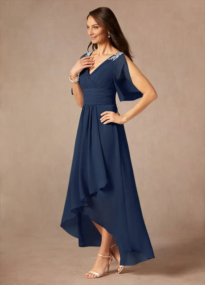 Classic Dark Navy A-Line V-Neck Flutter Sleeve Back Zip Asymmetrical  Mother of the Bride Dress for female guests hot sale