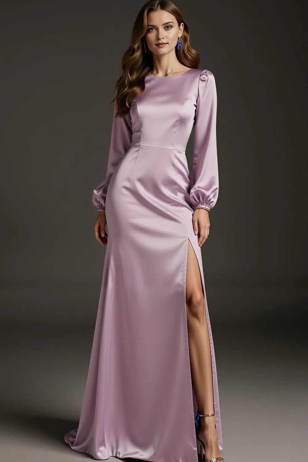 Classic Light Purple Mermaid Boat-Neck Puff-Long-Sleeve Tie-Back Slit Floor-Length Prom Dresses