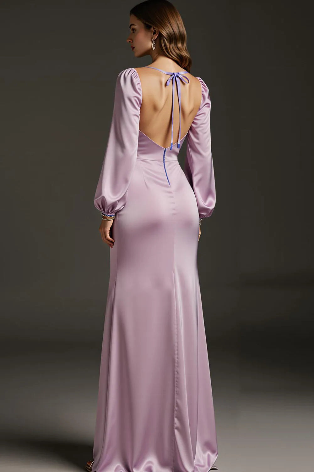 Classic Light Purple Mermaid Boat-Neck Puff-Long-Sleeve Tie-Back Slit Floor-Length Prom Dresses