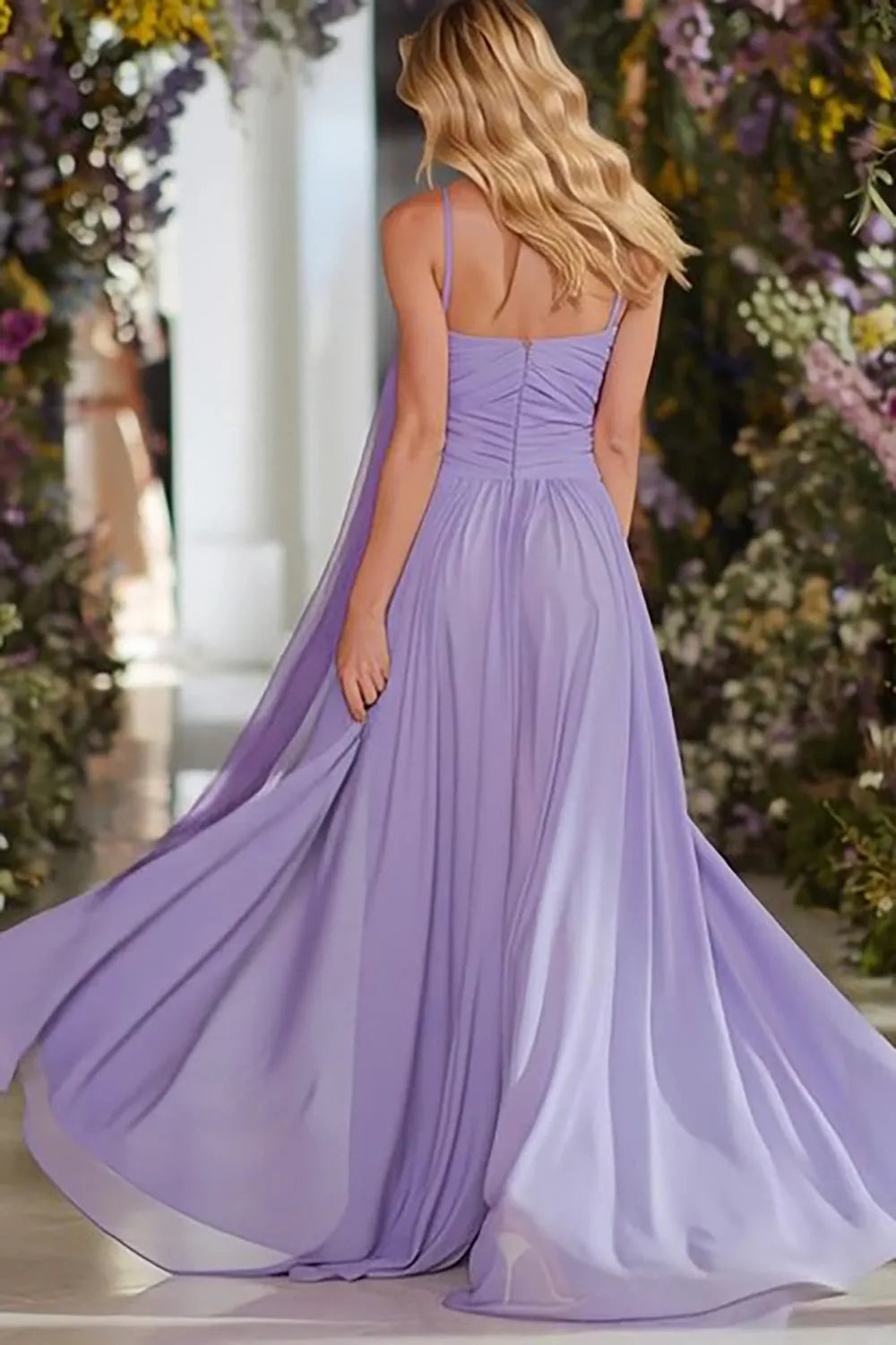 Classic Lilac A-Line Sweetheart Strapless Back Zip Ruched-Bodice Floor-Length Chiffon Prom Dress with Neck Scarf