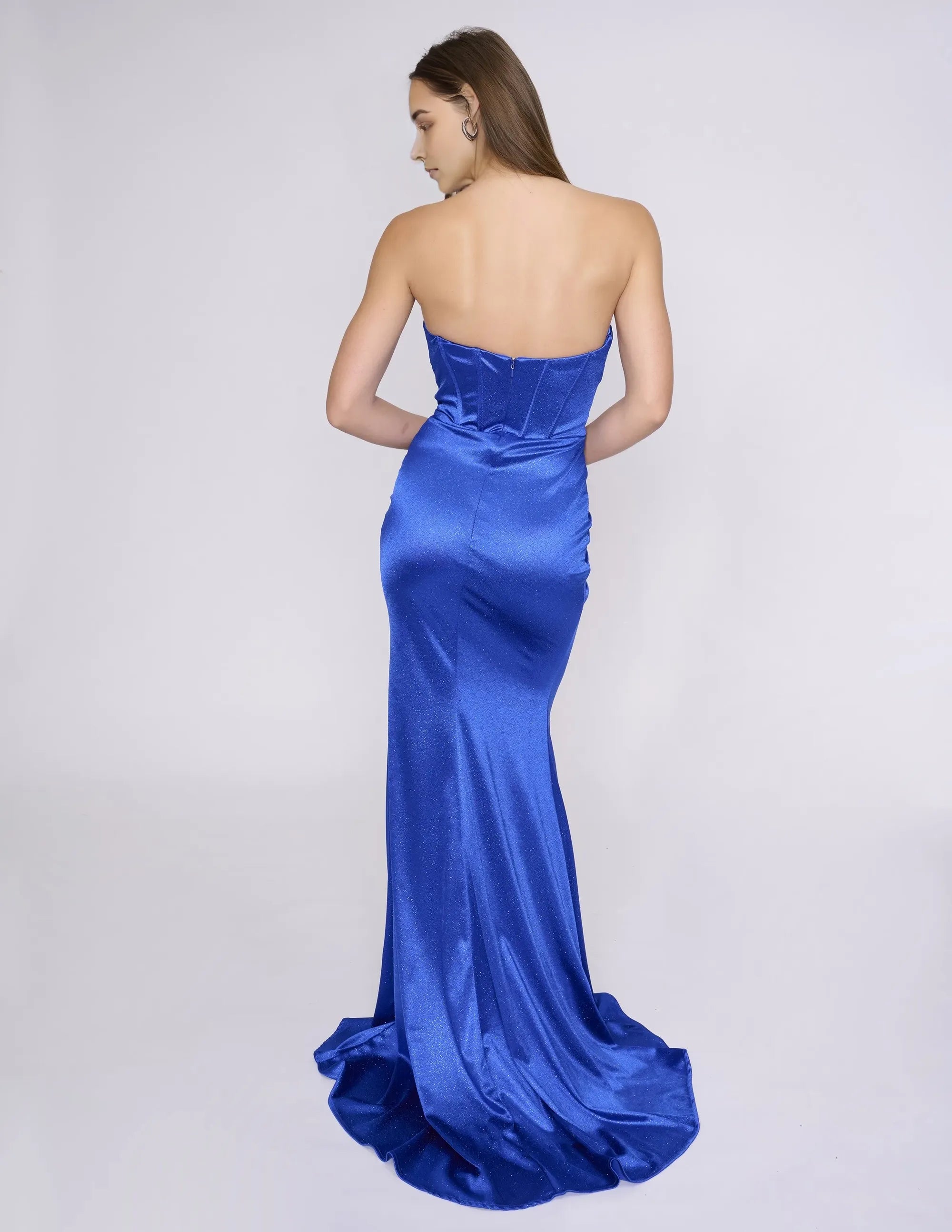 Classic Navy Mermaid Sweetheart Neck Strapless Back Zip Ruched Glitter Satin High Slit Prom Dresses