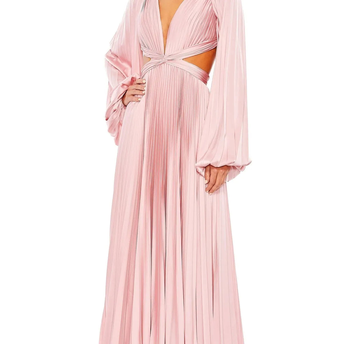 Classic Pink A-Line Deep V-Neck Long Puff Sleeve Cutout Back Floor-Length Pleated Satin Prom Dresses