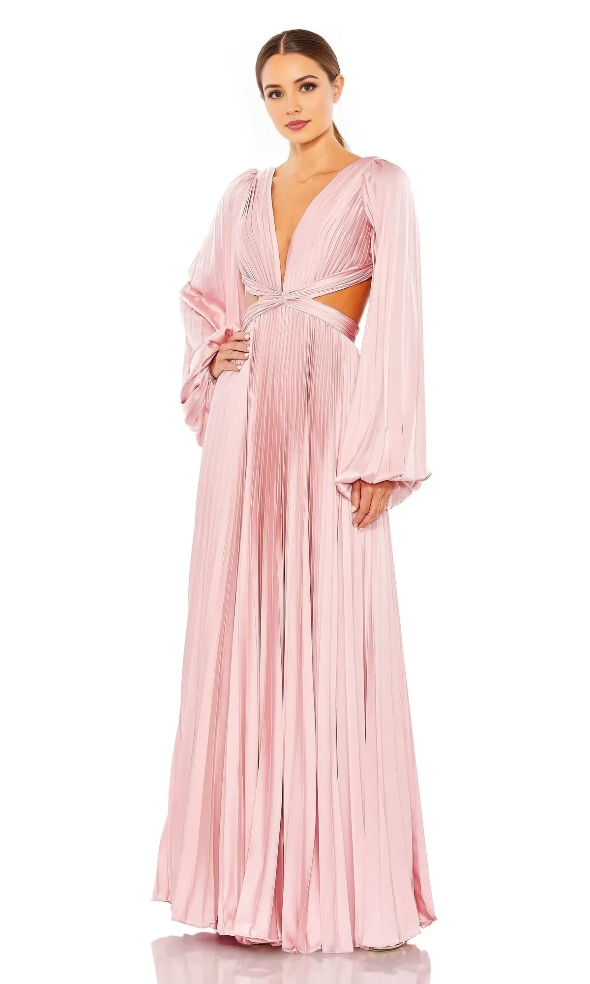Classic Pink A-Line Deep V-Neck Long Puff Sleeve Cutout Back Floor-Length Pleated Satin Prom Dresses