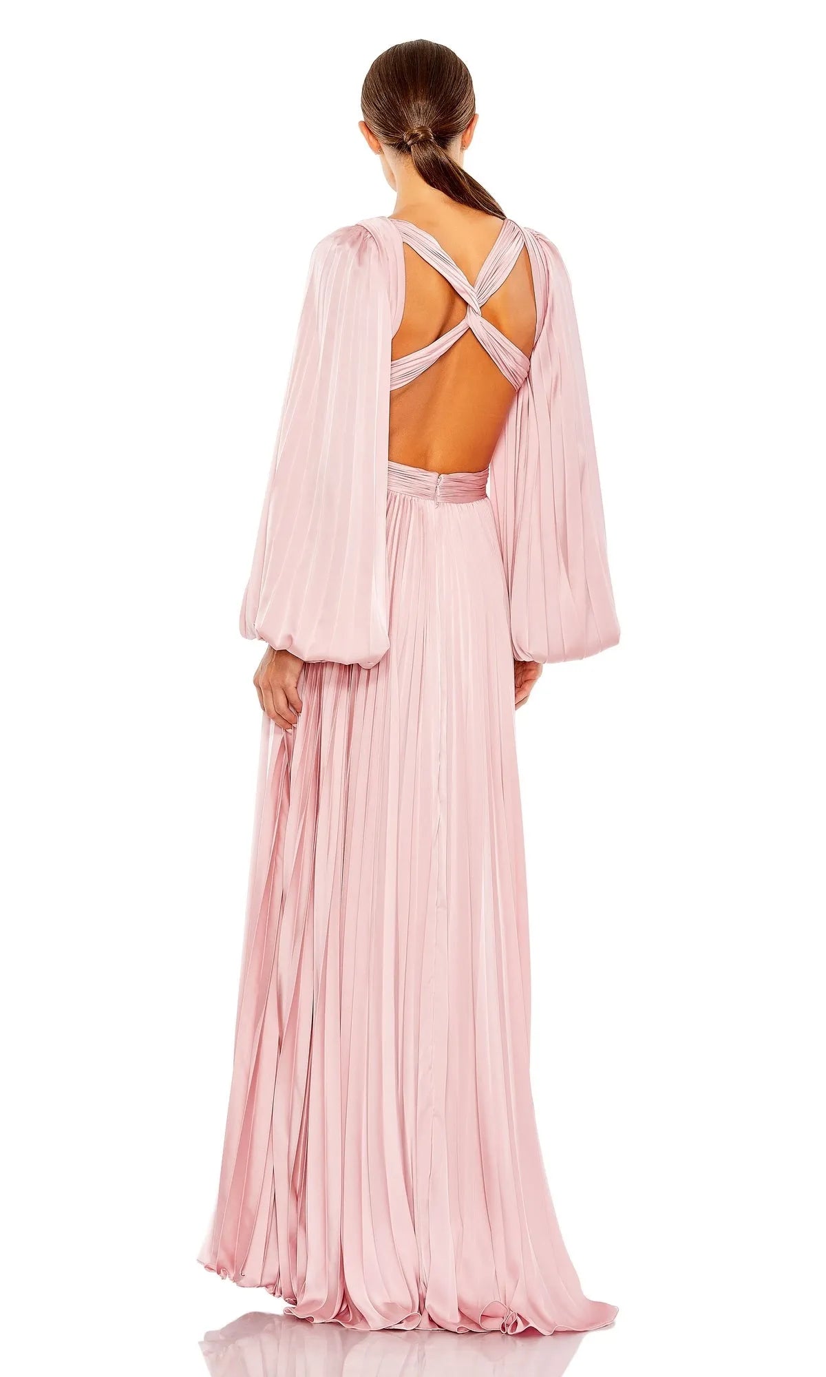 Classic Pink A-Line Deep V-Neck Long Puff Sleeve Cutout Back Floor-Length Pleated Satin Prom Dresses