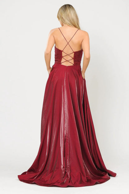 Classic Red Satin A-line V-neck Sleeveless Crisscross Back Beaded Lace Appliques Floor length prom dress hot sale