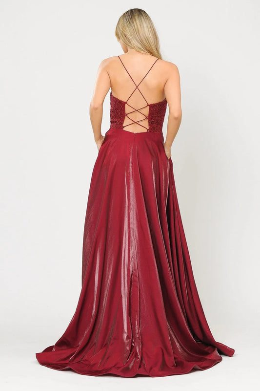 Classic Red Satin A-line V-neck Sleeveless Crisscross Back Beaded Lace Appliques Floor length prom dress hot sale