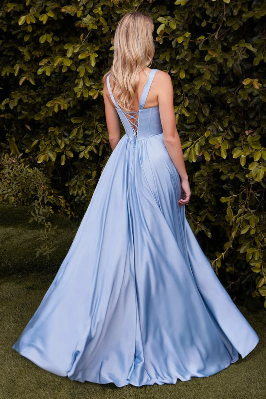 Classic Satin Paris Blue A-Line V-neck  Sleeveless Lace Up Floor length prom dress for women for sale