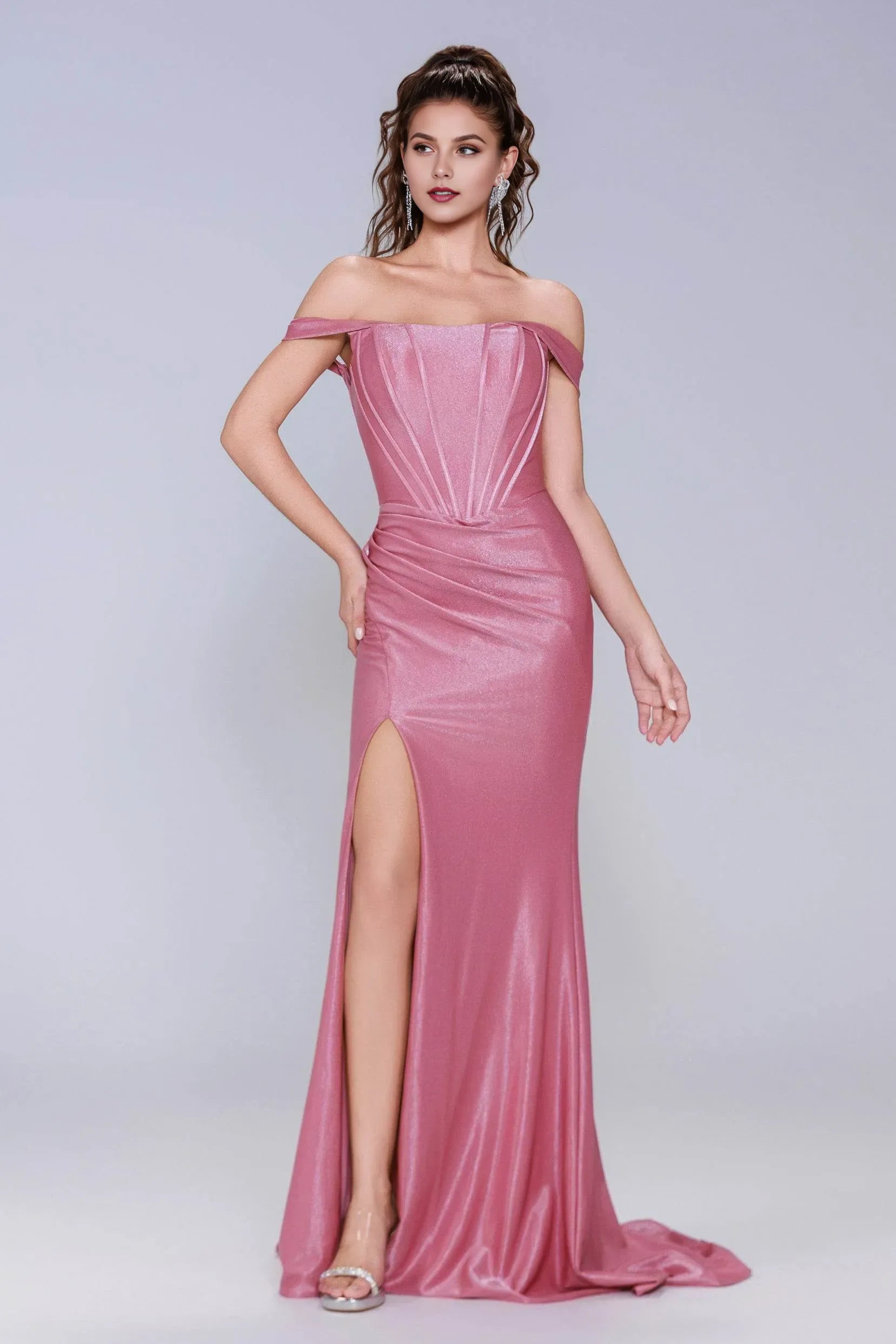 Classic Sheath Off-the-Shoulder Sleeveless Back Zip Floor-Length Ruched Metallic High-Slit Prom Dress