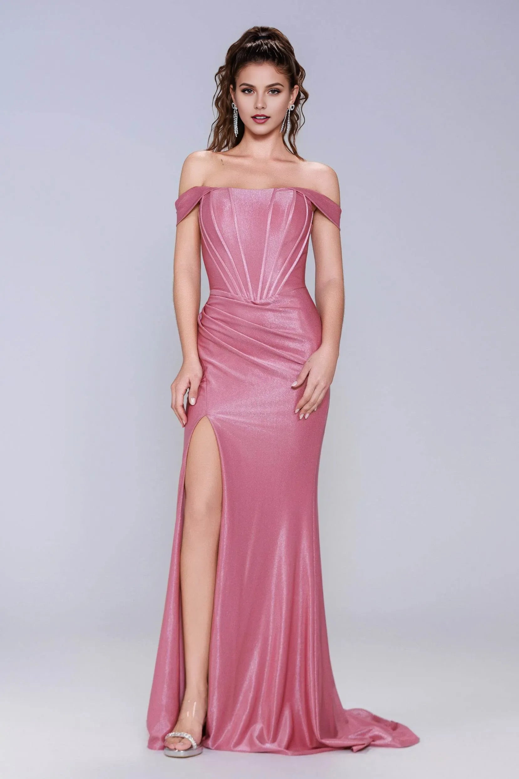 Classic Sheath Off-the-Shoulder Sleeveless Back Zip Floor-Length Ruched Metallic High-Slit Prom Dress