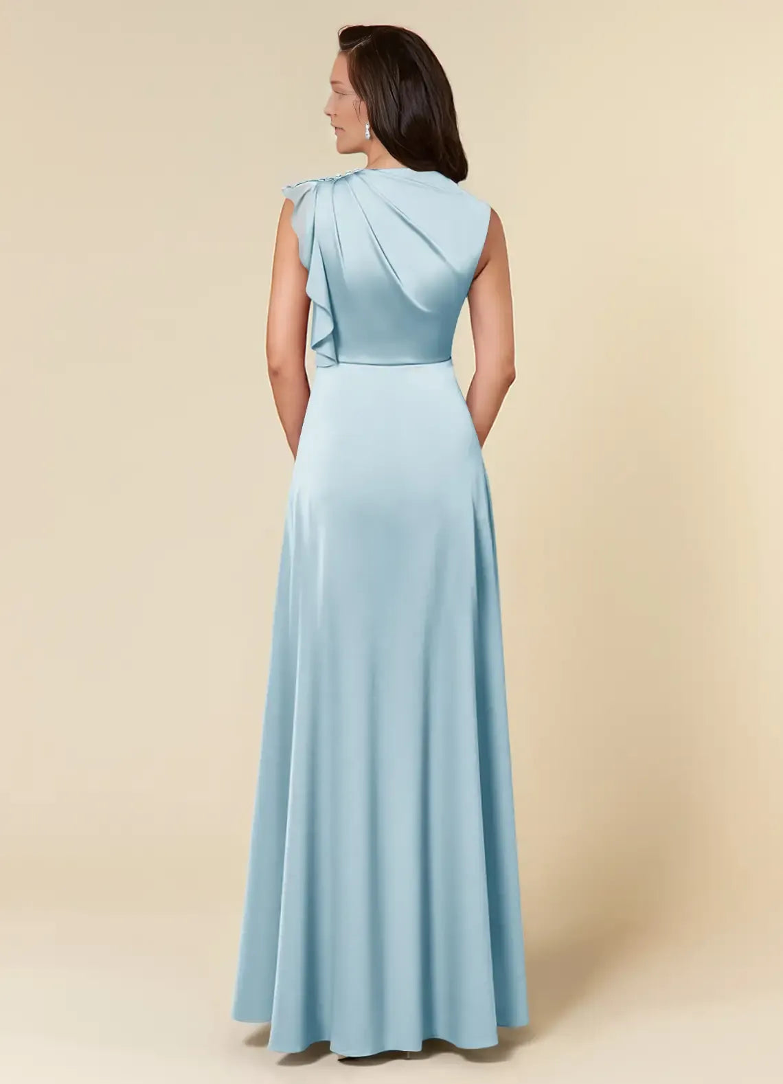 Classic Sky Blue A-Line High Neck Sleeveless Side Zip Floor-Length Side Leg Slit Mother of the Bride Dress for female guests