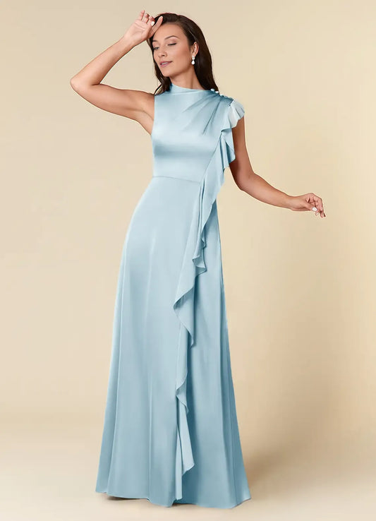 Classic Sky Blue A-Line High Neck Sleeveless Side Zip Floor-Length Side Leg Slit Mother of the Bride Dress for female guests