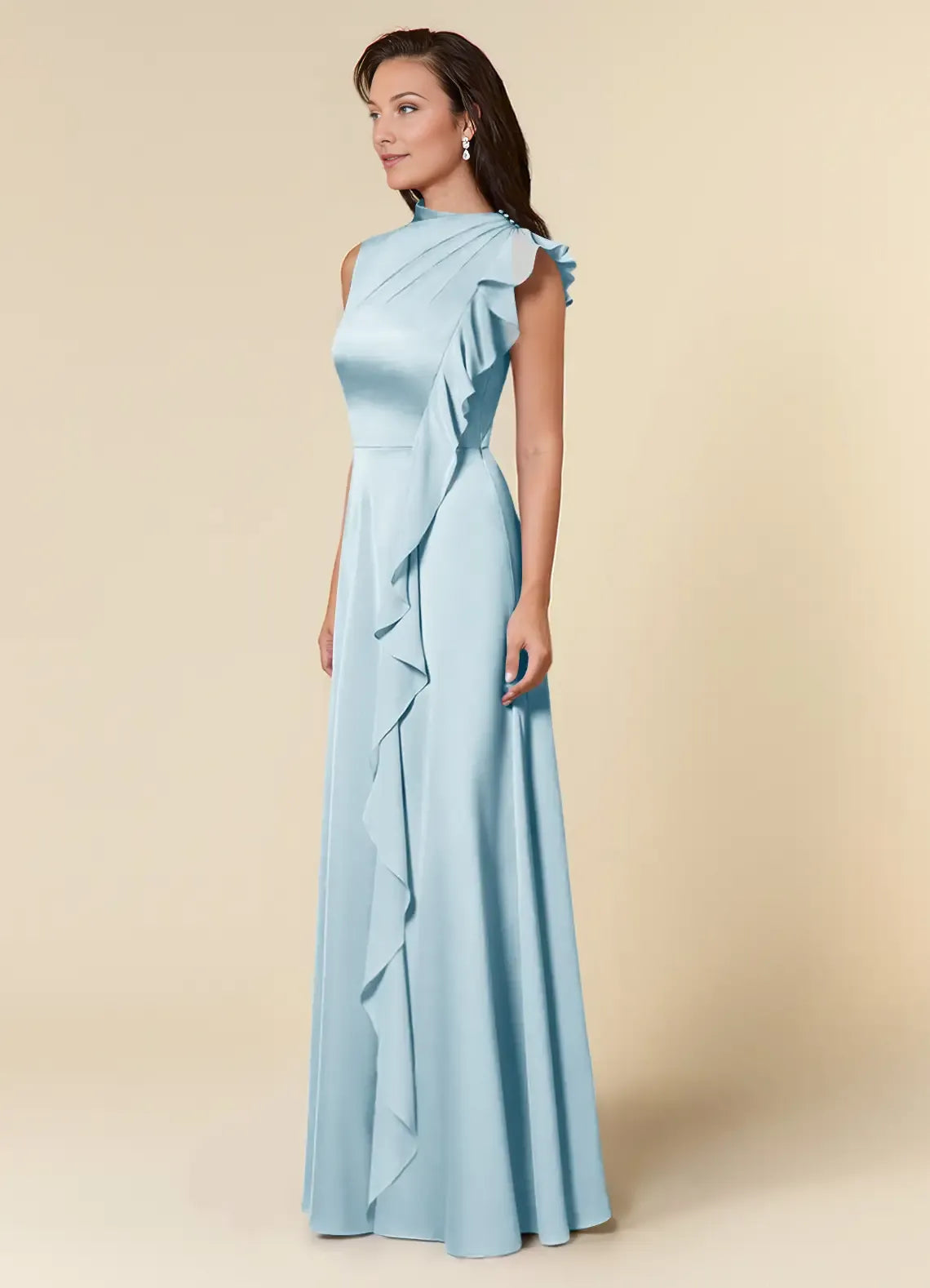Classic Sky Blue A-Line High Neck Sleeveless Side Zip Floor-Length Side Leg Slit Mother of the Bride Dress for female guests