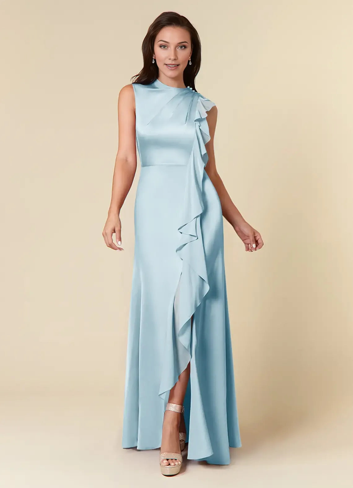 Classic Sky Blue A-Line High Neck Sleeveless Side Zip Floor-Length Side Leg Slit Mother of the Bride Dress for female guests