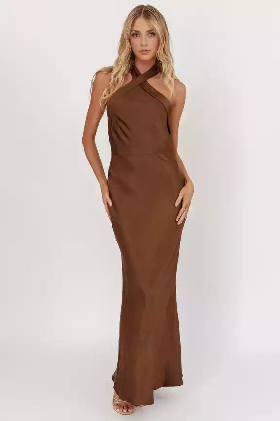 Classic cross hanging neck, backless, adjustable shoulder straps, side zippers Prom Dresses