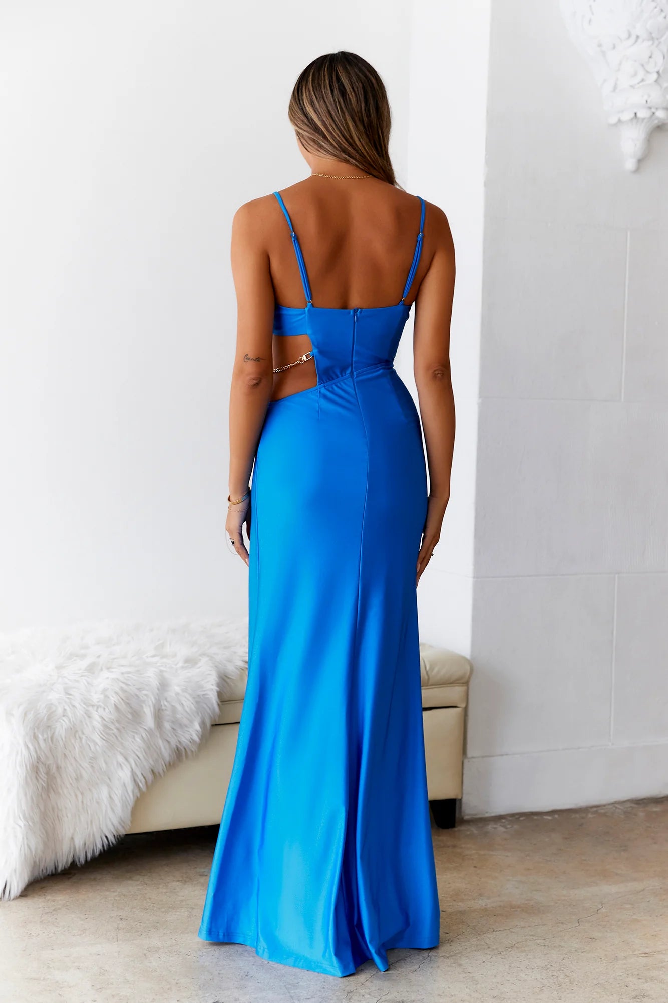Cobalt Blue Chain Cutout High Slit Maxi Evening Dresses