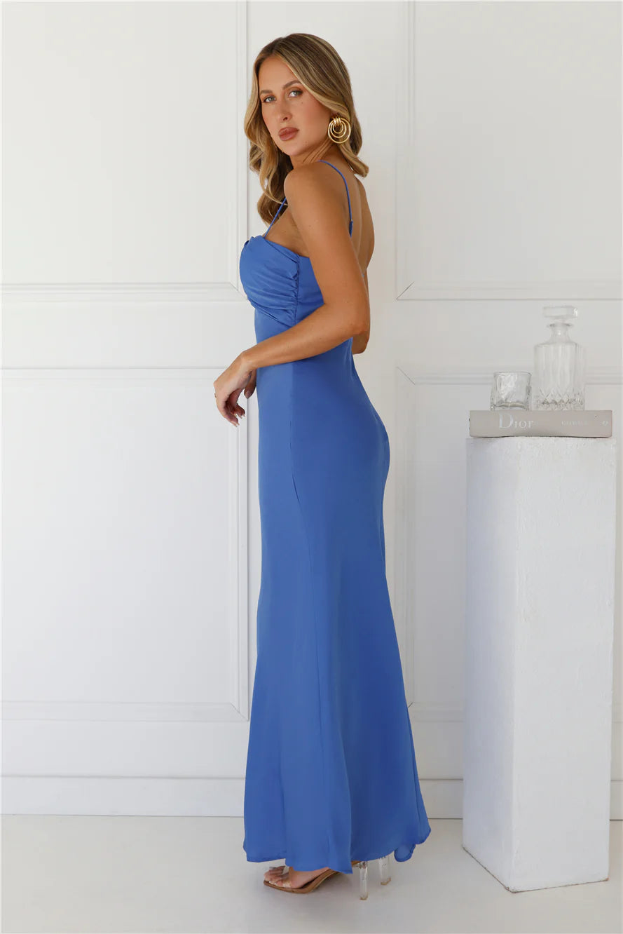 Cobalt Blue Satin Sweetheart Neck Cut Out Maxi Evening Dresses