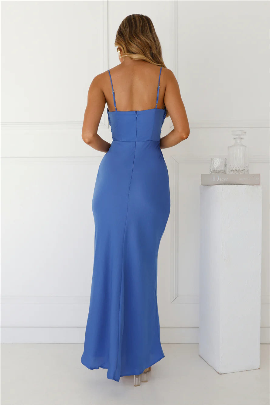 Cobalt Blue Satin Sweetheart Neck Cut Out Maxi Evening Dresses