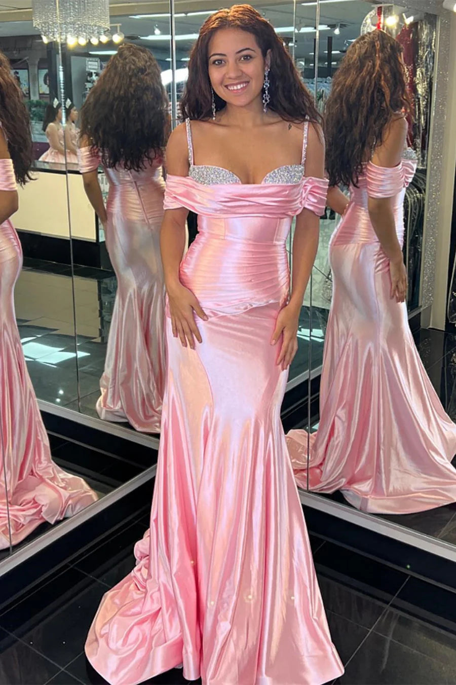 Cold-Shoulder Ruching Mermaid Long Formal Dress with Rhinestones