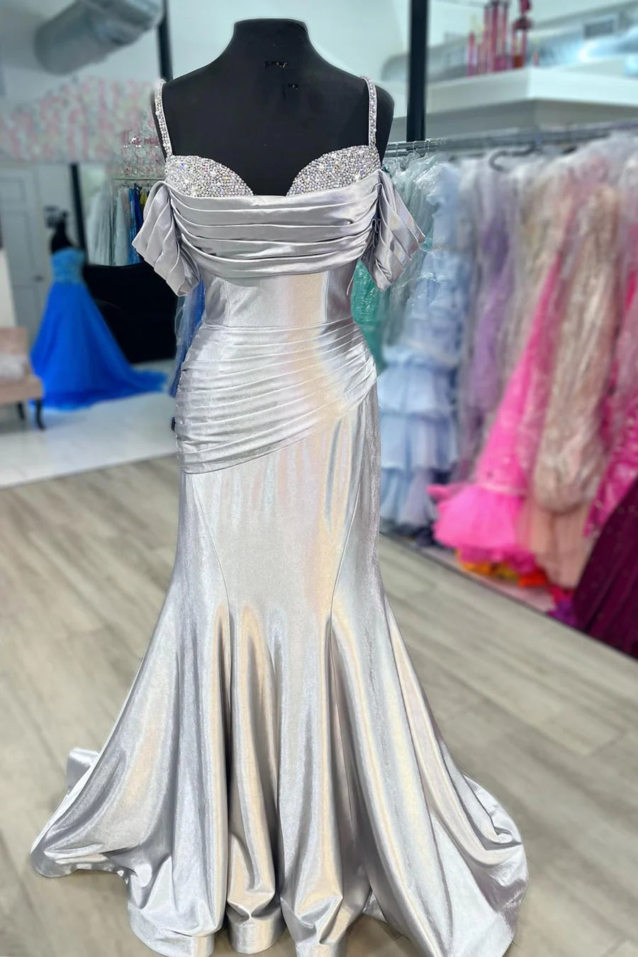 Cold-Shoulder Ruching Mermaid Long Formal Dress with Rhinestones