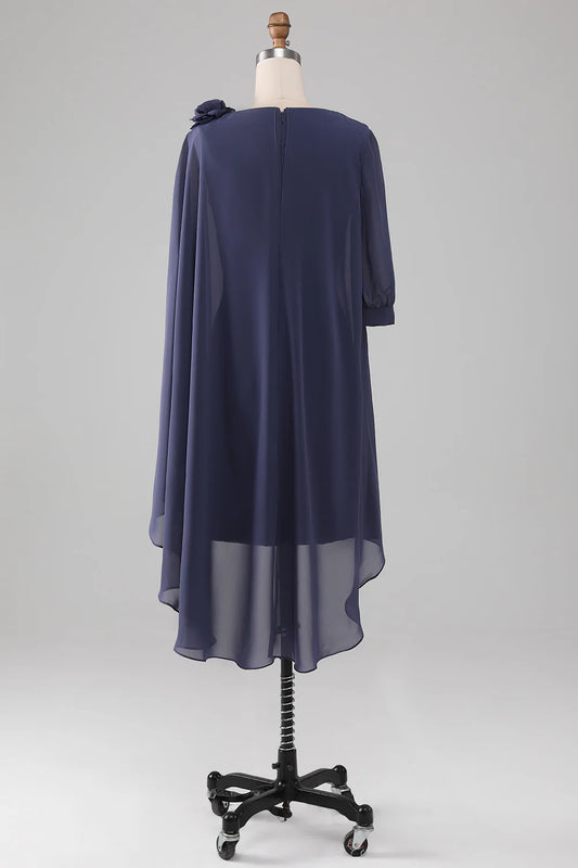 Column shaped low round neck knee length chiffon bridal gown