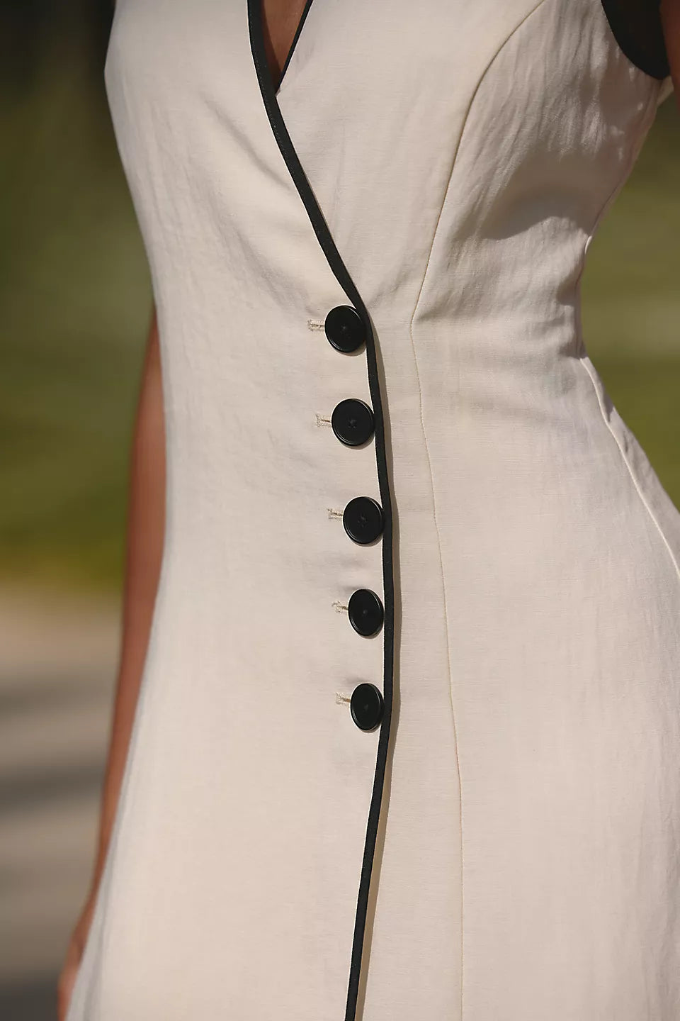 Contrast Piping Linen Midi Evening Dresses with Button Detail
