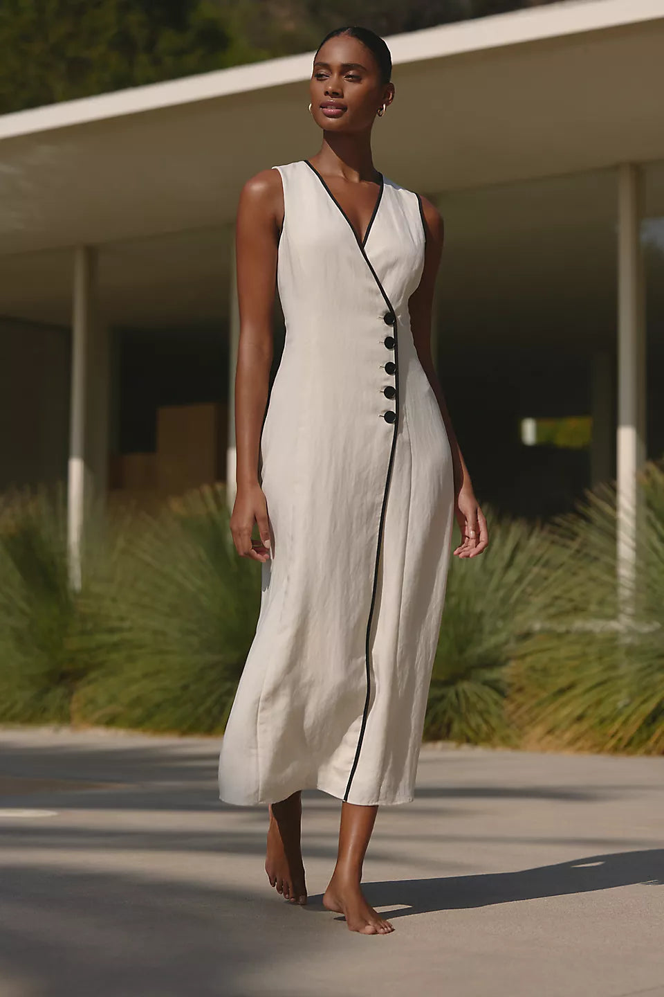 Contrast Piping Linen Midi Evening Dresses with Button Detail
