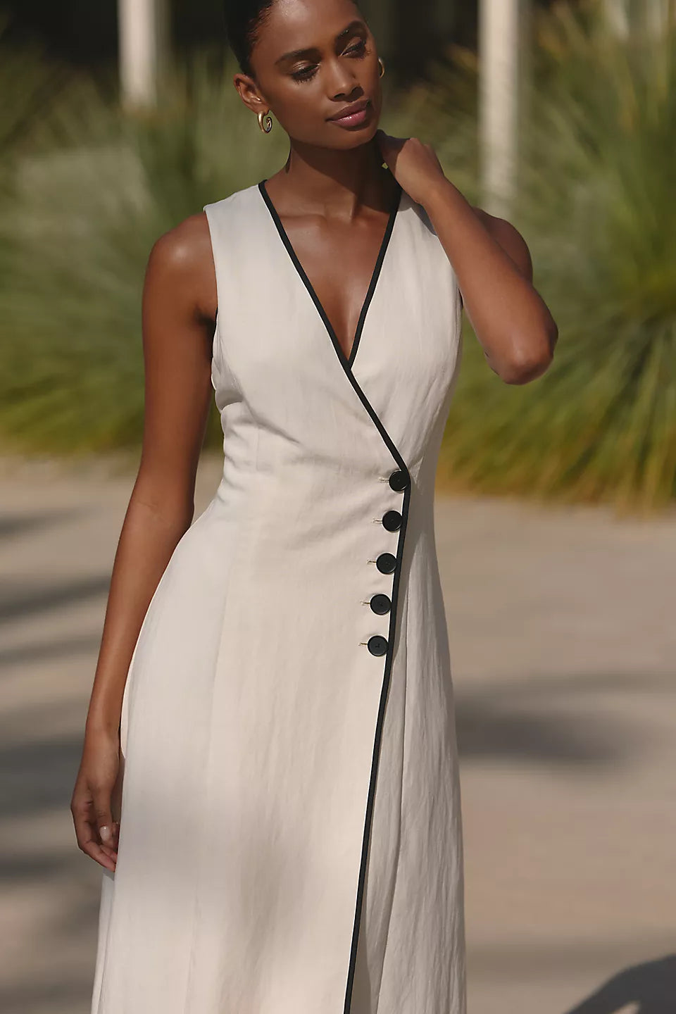 Contrast Piping Linen Midi Evening Dresses with Button Detail