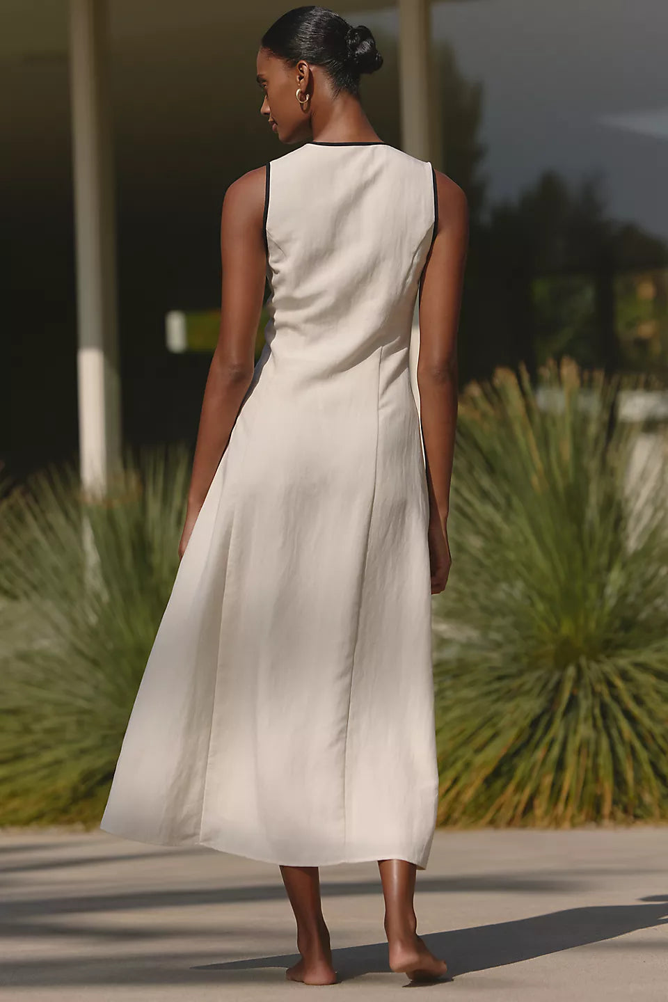 Contrast Piping Linen Midi Evening Dresses with Button Detail