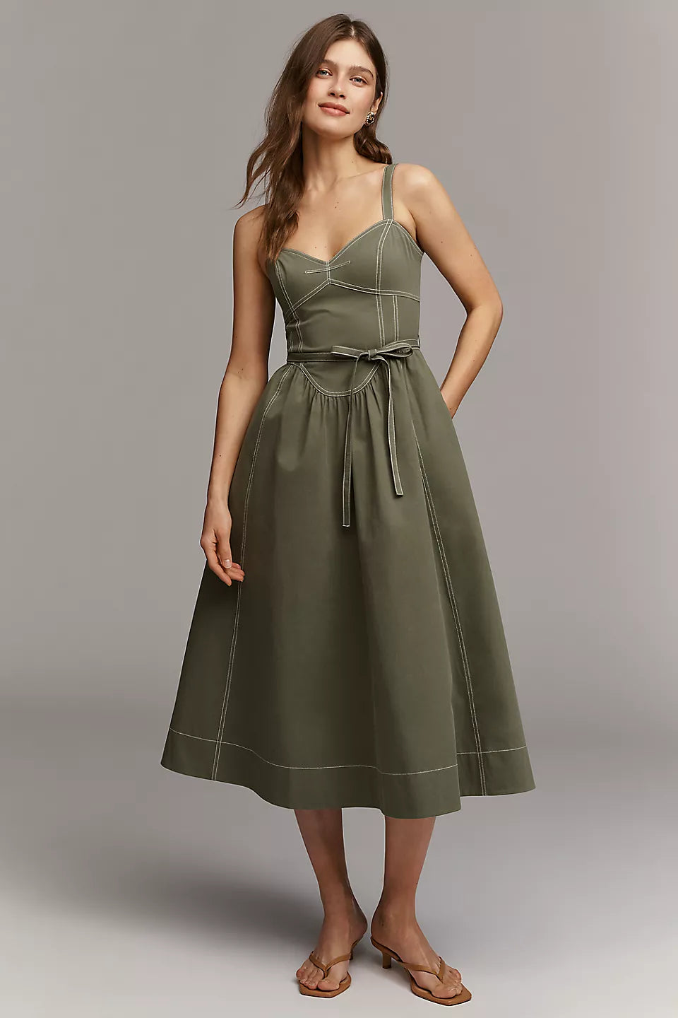Contrast Stitch Sweetheart Neck Midi Evening Dresses with Belt