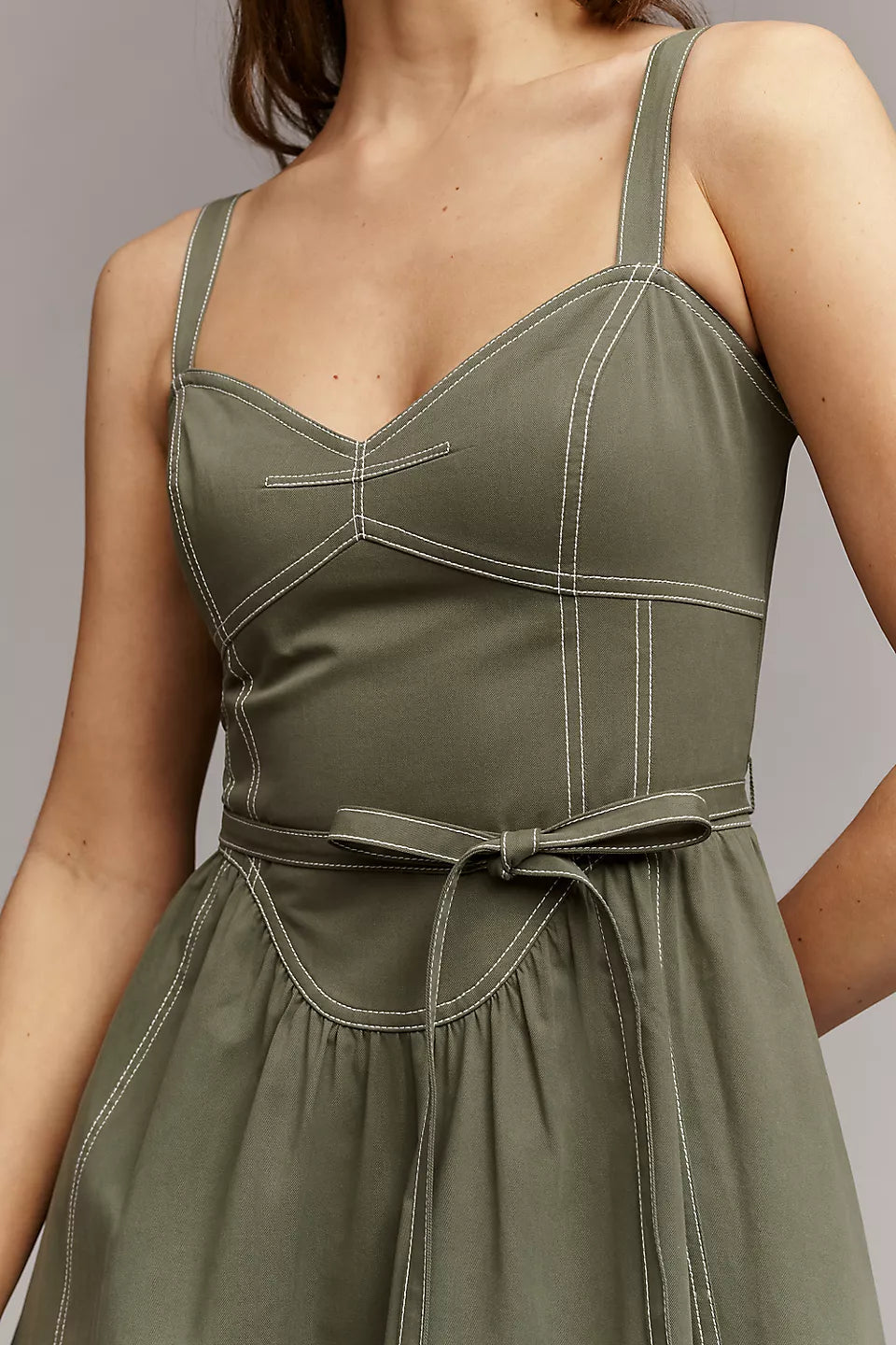 Contrast Stitch Sweetheart Neck Midi Evening Dresses with Belt