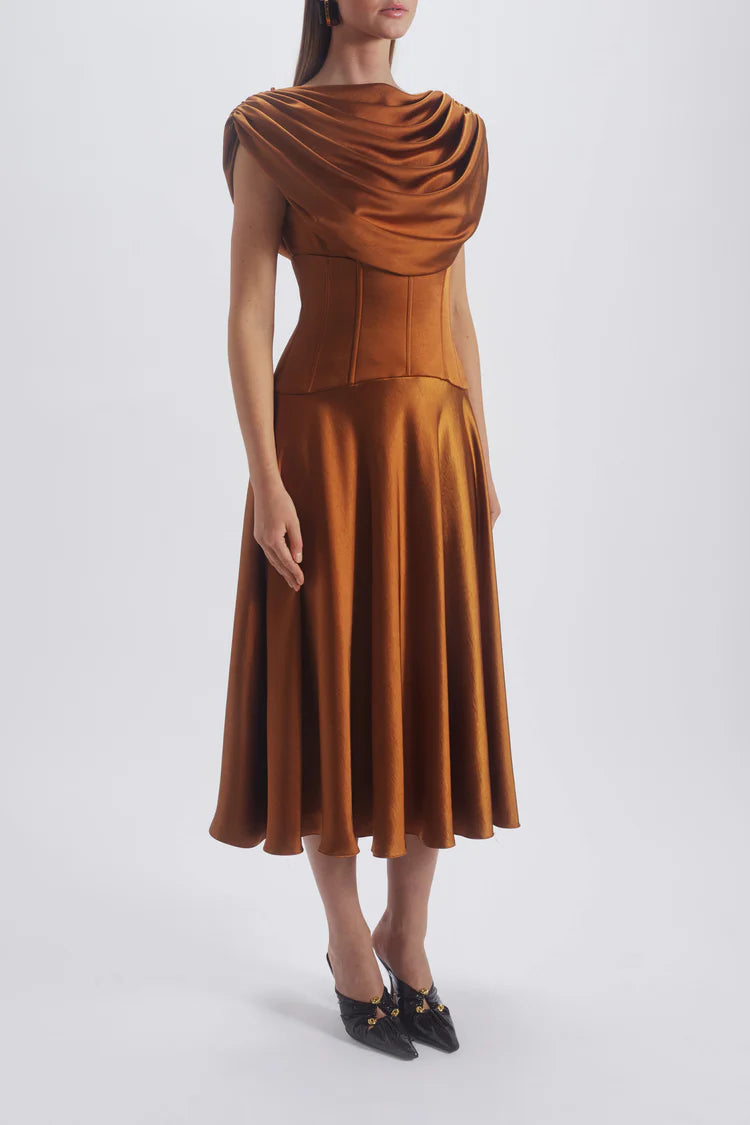 Copper Draped Cowl Neck Corset Midi Evening Dresses